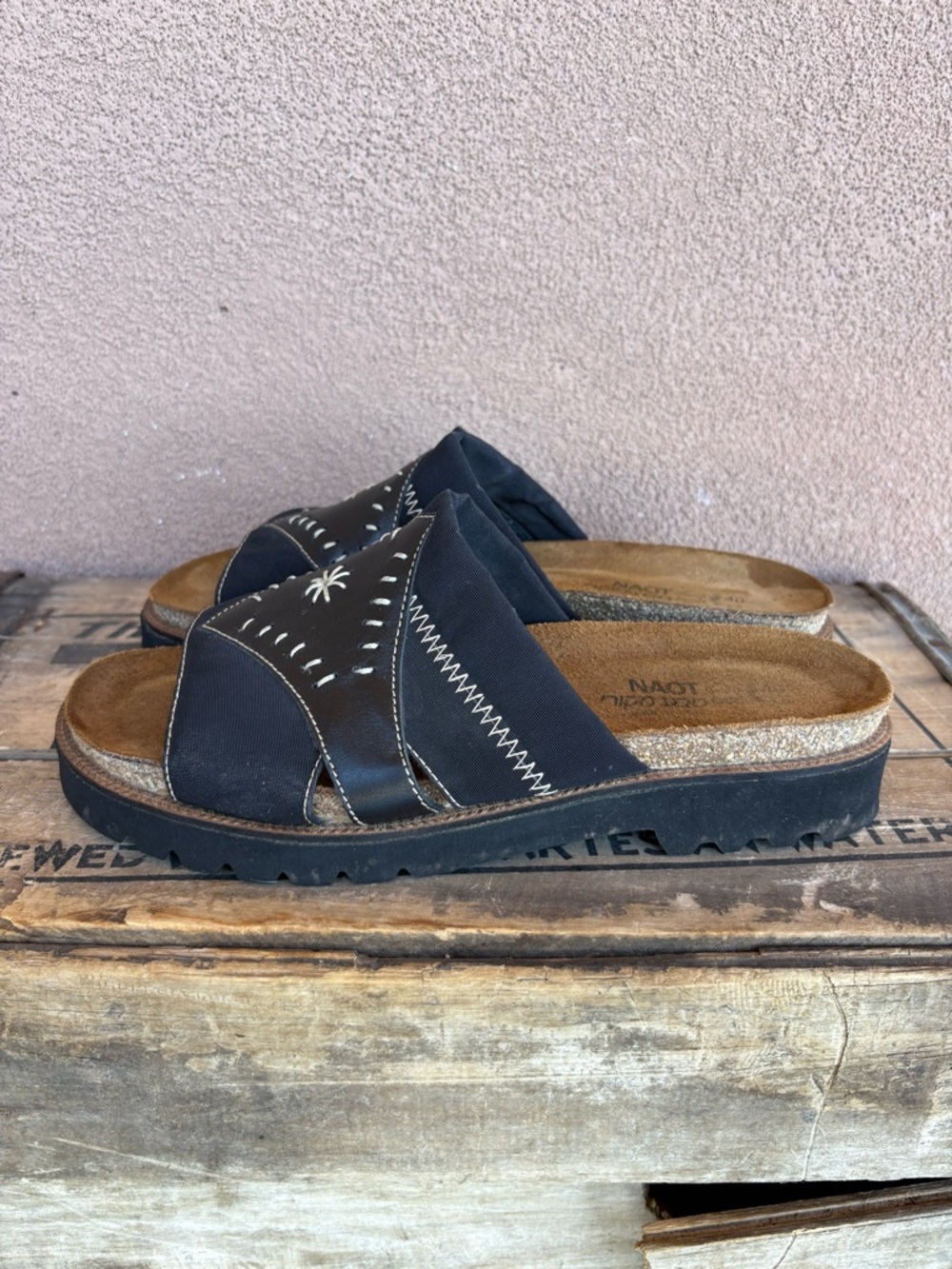 Naot Two Tone Embroidered Daisy Flower Lug Sole Leather Slide Sandal